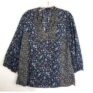 Chaps Blouse Womens Medium Blue Ditsy Floral Peasant V Neck Office Workwear Boho